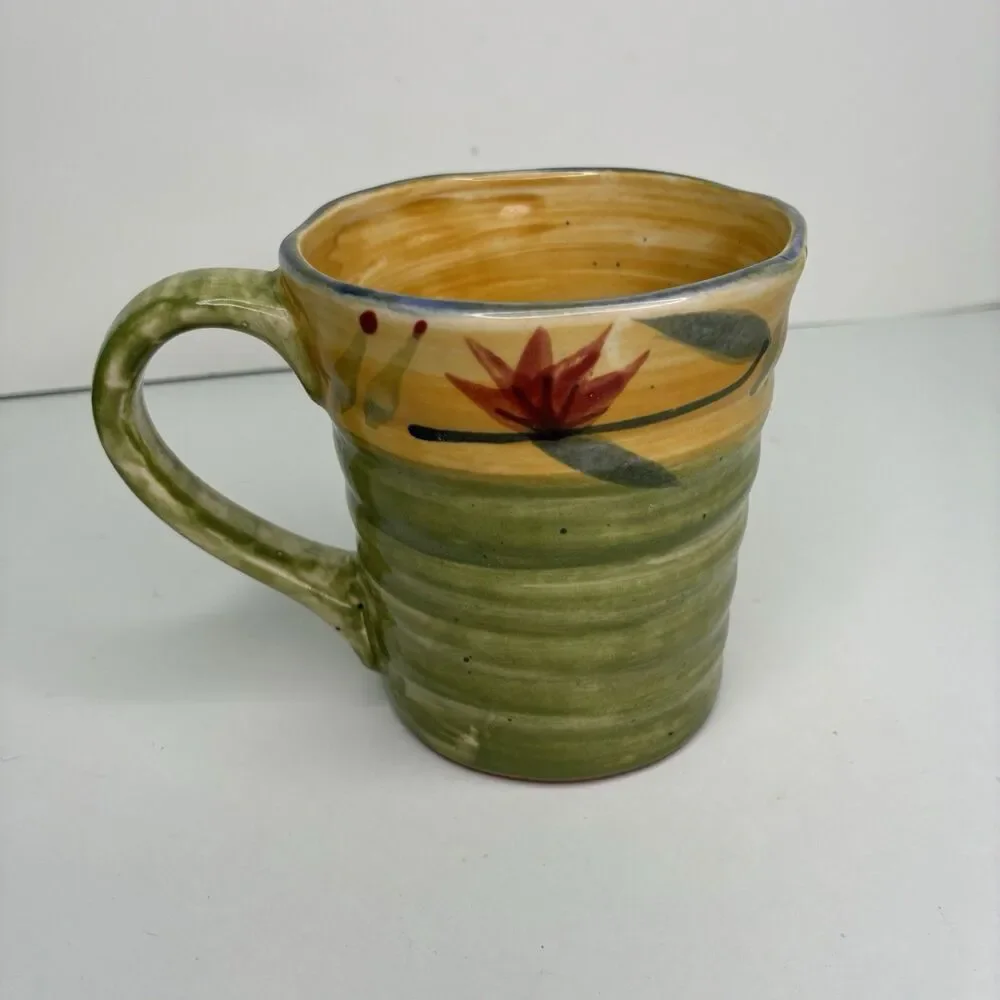 Pier 1 Elizabeth Hand Painted Stoneware Floral Green Blue Red Mugs Set Of 3
